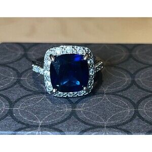 Cocktail ring Halo cushion cut faux sapphire & cubic zirconia  Ring size 5.75